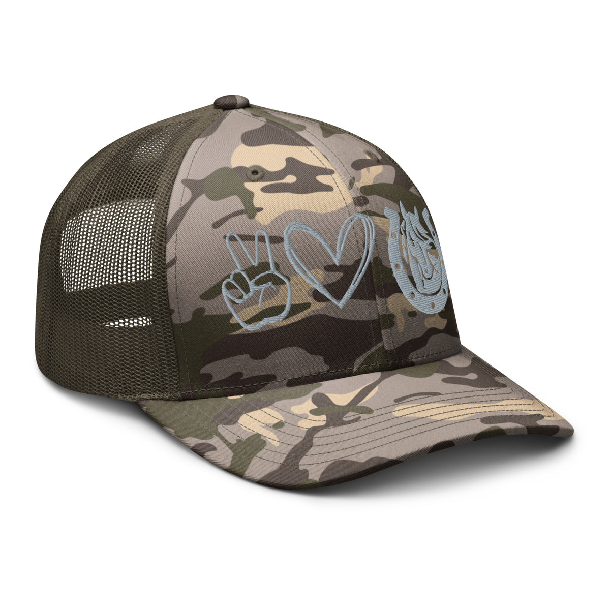 Peace, Love, Horses Camouflage trucker hat